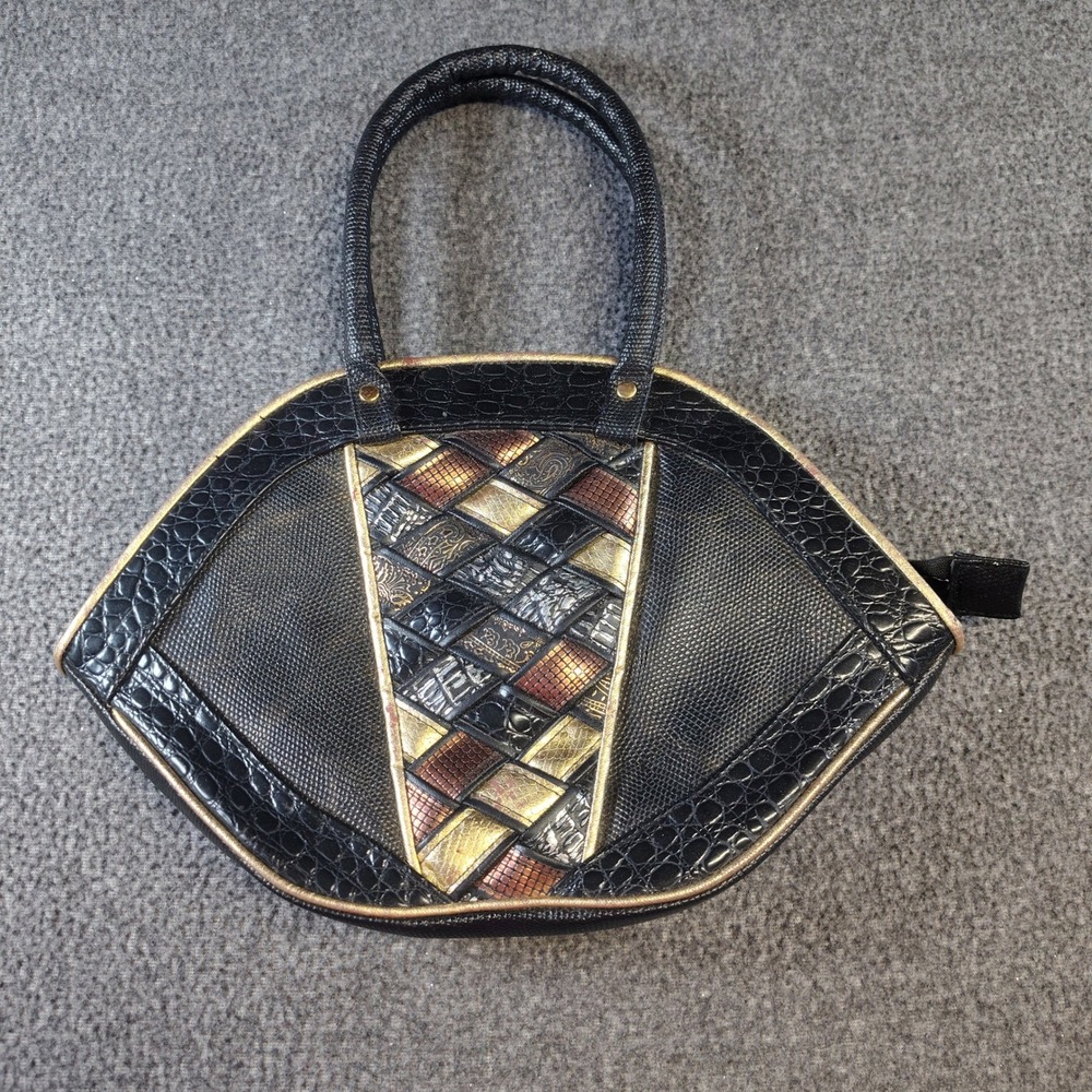 Vintage Eye Shaped Handbag Womens Black Gold Woven Mixed Texture Bag 80s